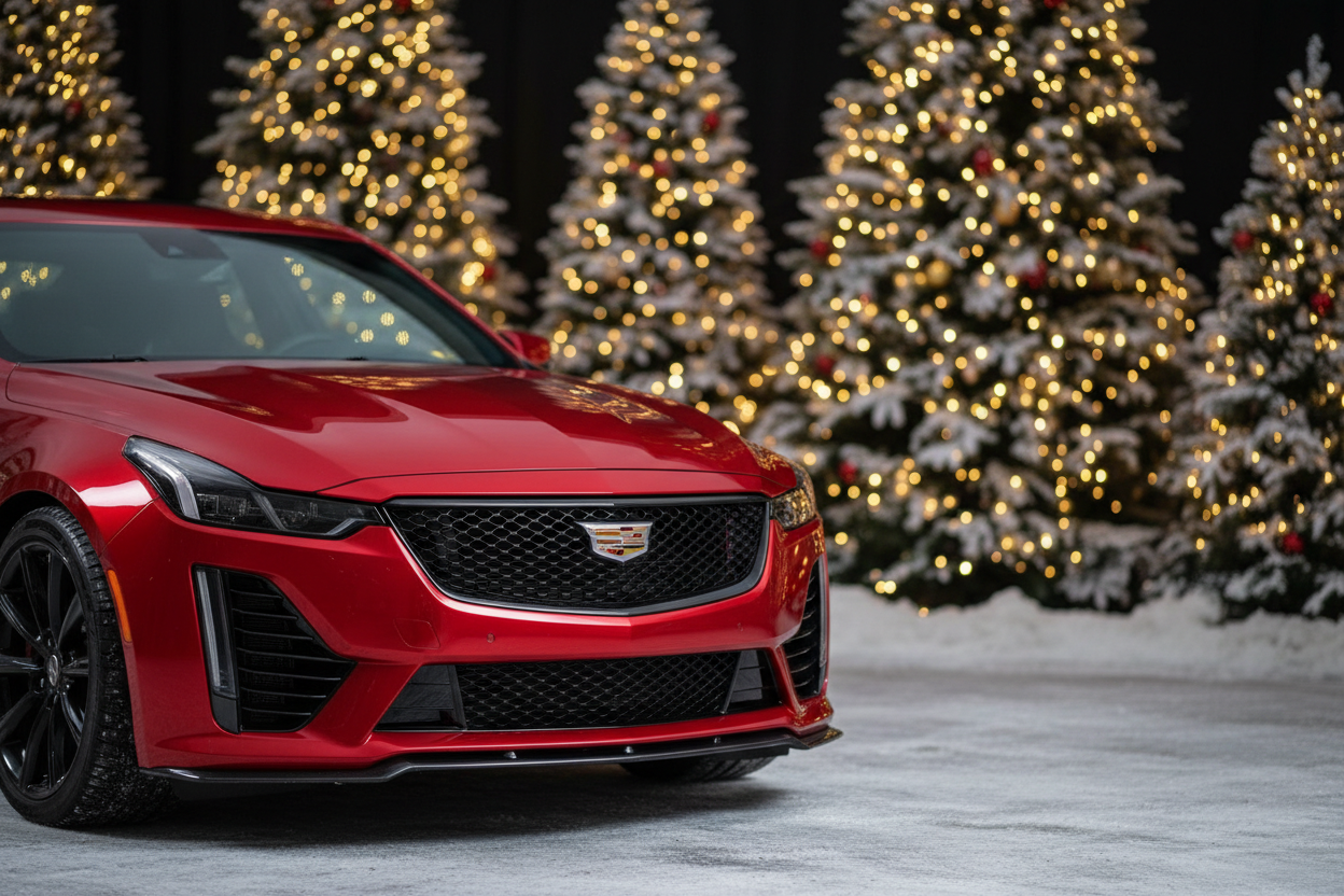 Create a hyper-realistic promotional photo of a cadillac ct5-v blackwing fully wrapped in RED. The scene should be shot with high-end commercial photography quality (8k, HDR, ultra-sharp details) with a Christmas theme. Keep the wrap red with no designs. Keep the car to the left of the scene leaving the left side clear for text.