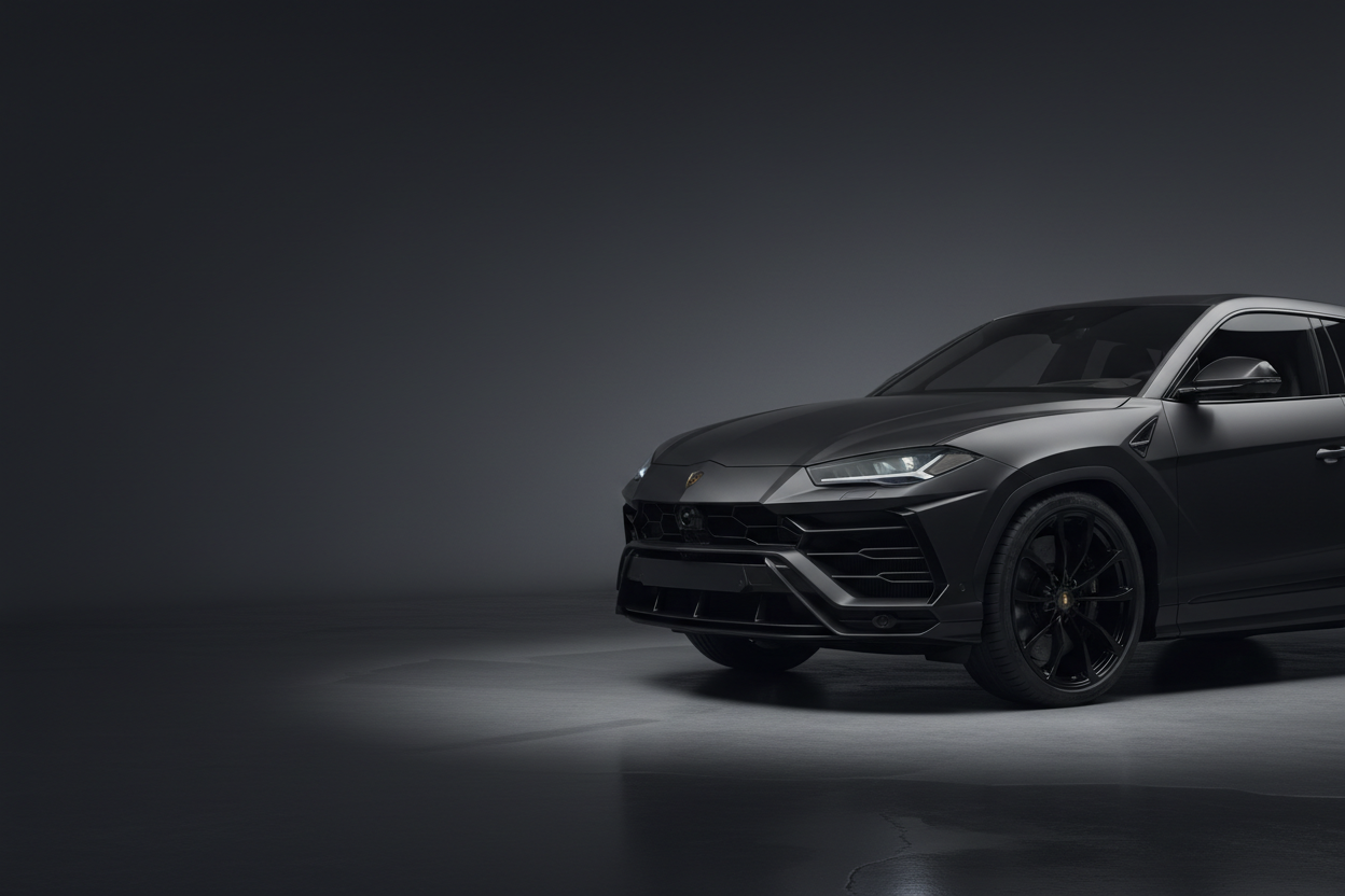 Create a hyper-realistic promotional photo of a Lamborghini Urus fully wrapped in matte black. The scene should be shot with high-end commercial photography quality (8k, HDR, ultra-sharp details). Keep the car on the right side of the image with the left side being blank for text.
