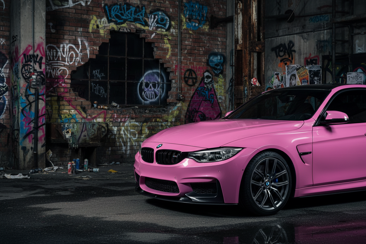 Create a hyper-realistic promotional photo of a m3 series BMW fully wrapped in pink. The scene should be shot with high-end commercial photography quality (8k, HDR, ultra-sharp details) with a punk themed background. Put the car to the right of the shot leaving the left side clear for text.